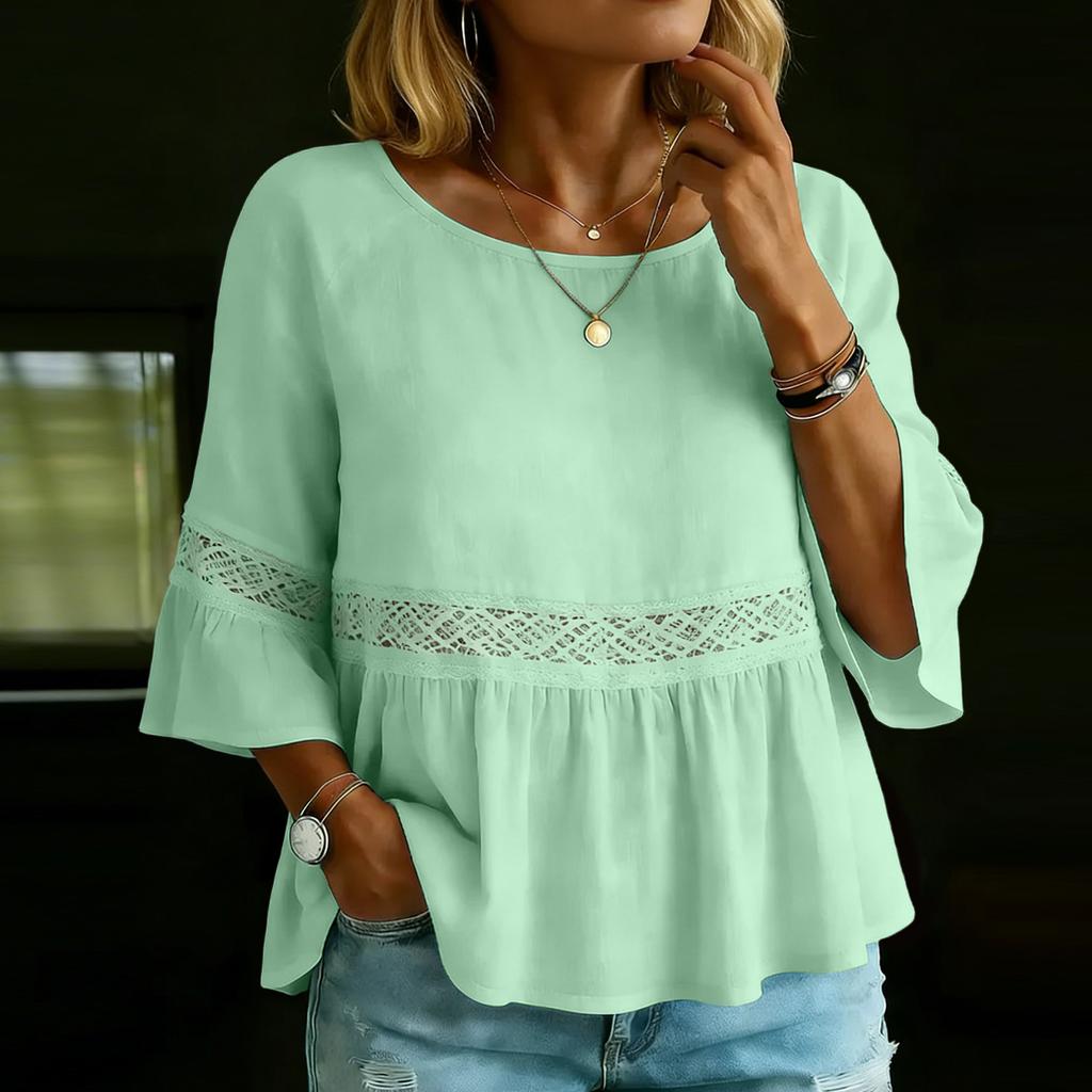 Women's Color Casual Fashion Loose Cotton Linen Lace Splicing Round Neck Shirt Top