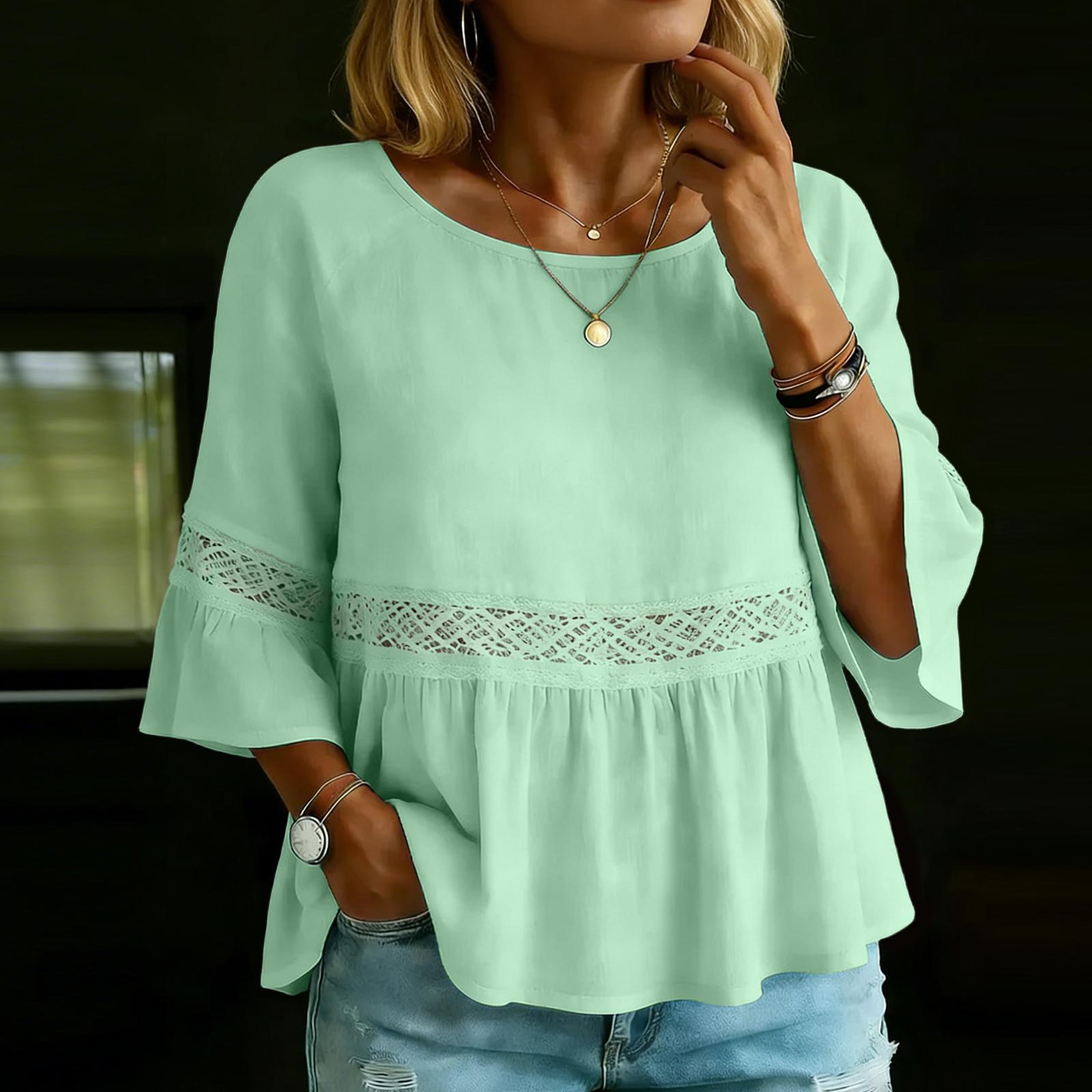 

Women s Color Casual Fashion Loose Cotton Linen Lace Splicing Round Neck Shirt Top L зелений