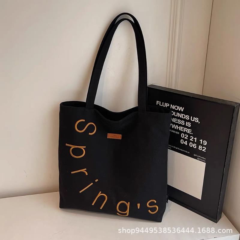 Embroidered crossbody letter canvas bag women's casual large capacity shoulder tote versatile student class tote bag