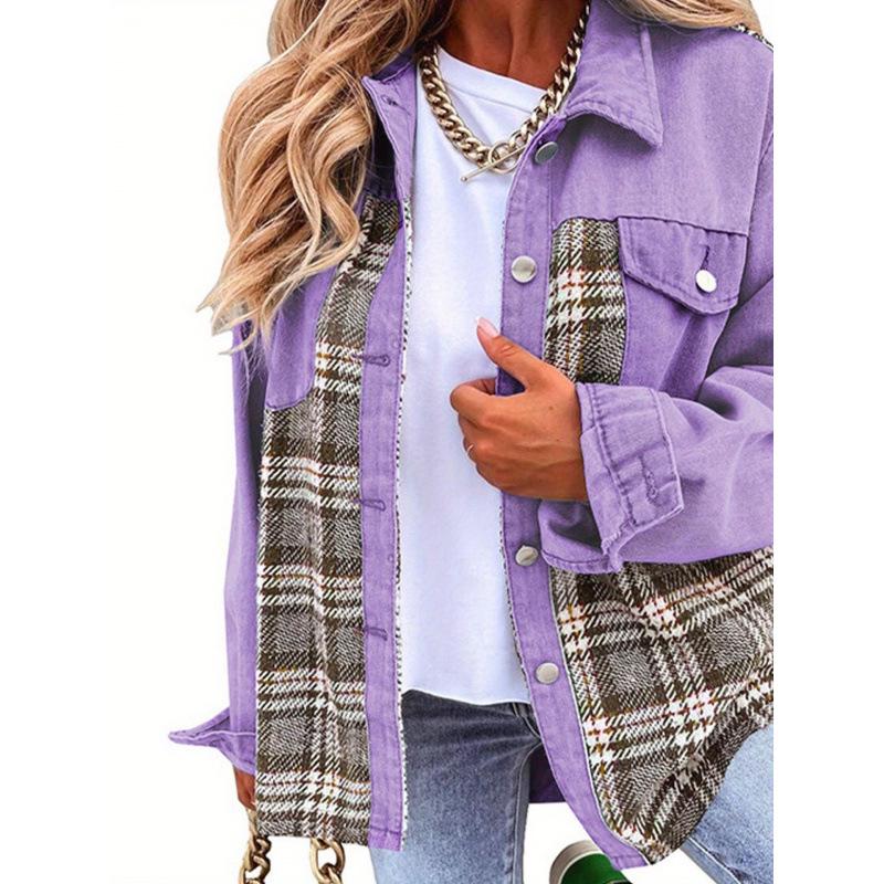2026 European & American Style Patchwork Plaid Denim Jacket - Soft, Warm, Fashionable