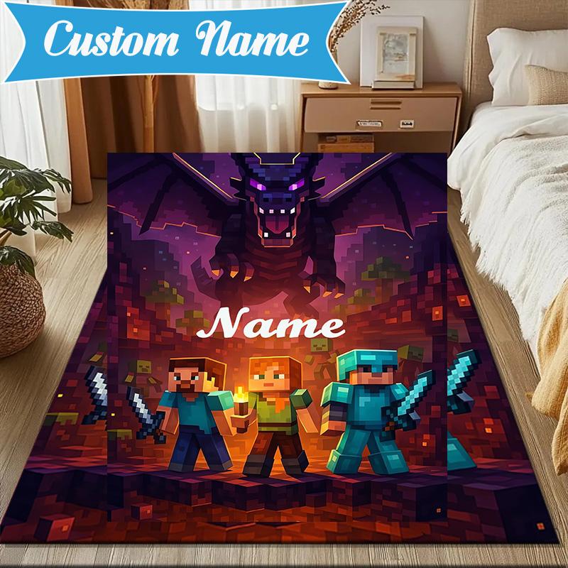 Custom Name Minecraft Adventure Night Rug for Living Room, Game Rooms, Office, Bedroom, Floor Mat Playful Design, fan gifts Christmas decor
