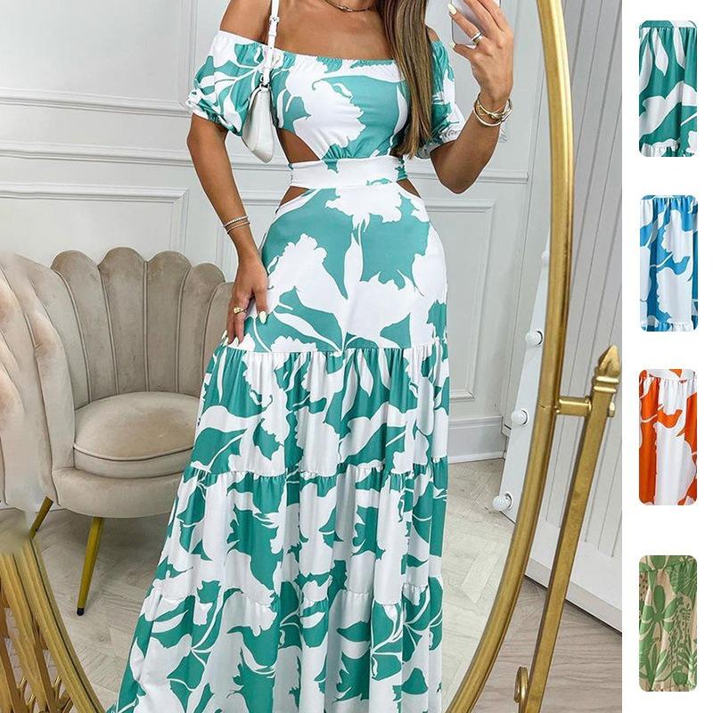 Women Sexy Off Shoulder Printed Lace Up Cutout High Waist Slim Fit Long Swing Dress
