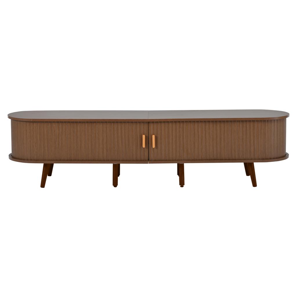170 x 40 x 42 cm Szafka RTV do salonu z miejscem do przechowywania + Okrągły blat, Drewno MDF z wzorem słojów, 2 szuflady, Drzwi teleskopowe, Orzech, Odpowiednia dla 75 cali