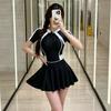 Womens Modest Short Sleeve One-Piece Swimsuit With Skirt Black White Contrast Swimwear Training Racing