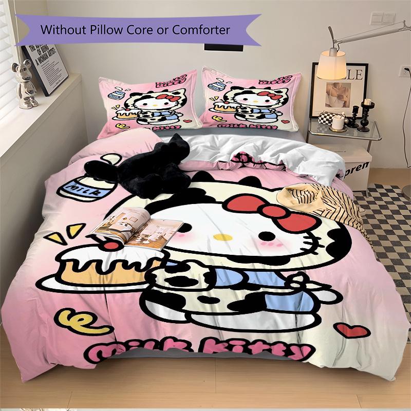3pcs Milk Hello Kitty Printed Duvet Cover Set (1 * Cover+2 * Pillowcase, Without Core), Suitable for Home Bedroom, Guest Room, Dormitory Decorati