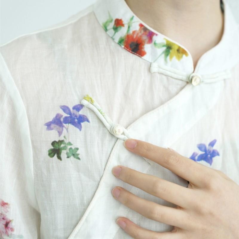 Johnature Women Vintage Print Floral Shirts Tops Stand Seven Sleeve Blouses Summer Button Chinese Style Shirt
