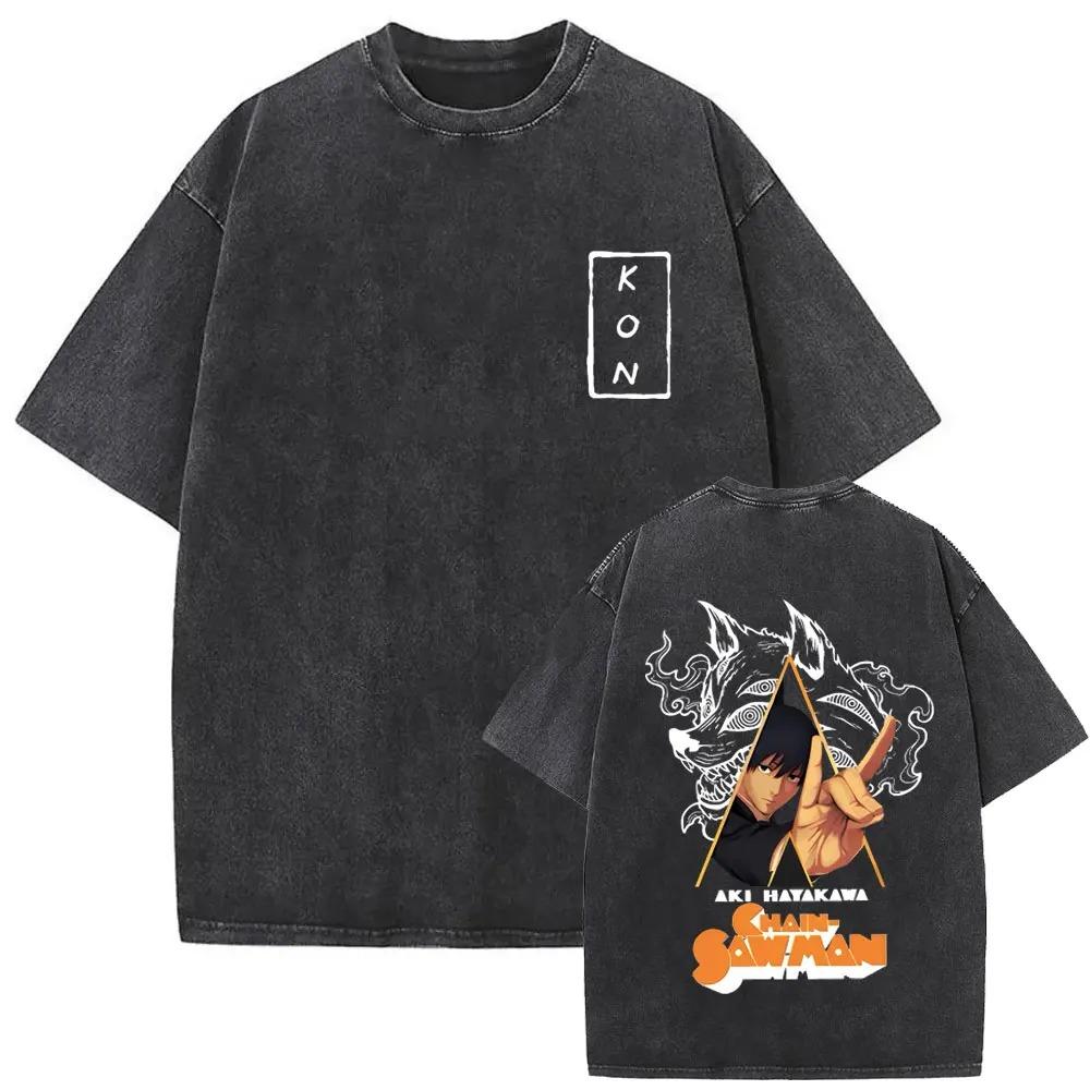 2026 Anime Chainsaw Man Vintage Washed T-shirt Hayakawa Aki Summon Kon Fox Devil Graphic T Shirts Men Women Casual Fashion T-shirts