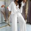 Women's V-Neck Batwing Sleeve Top Wide Leg Pants Two Piece Set Solid Color Casual Loose Outfit For Spring