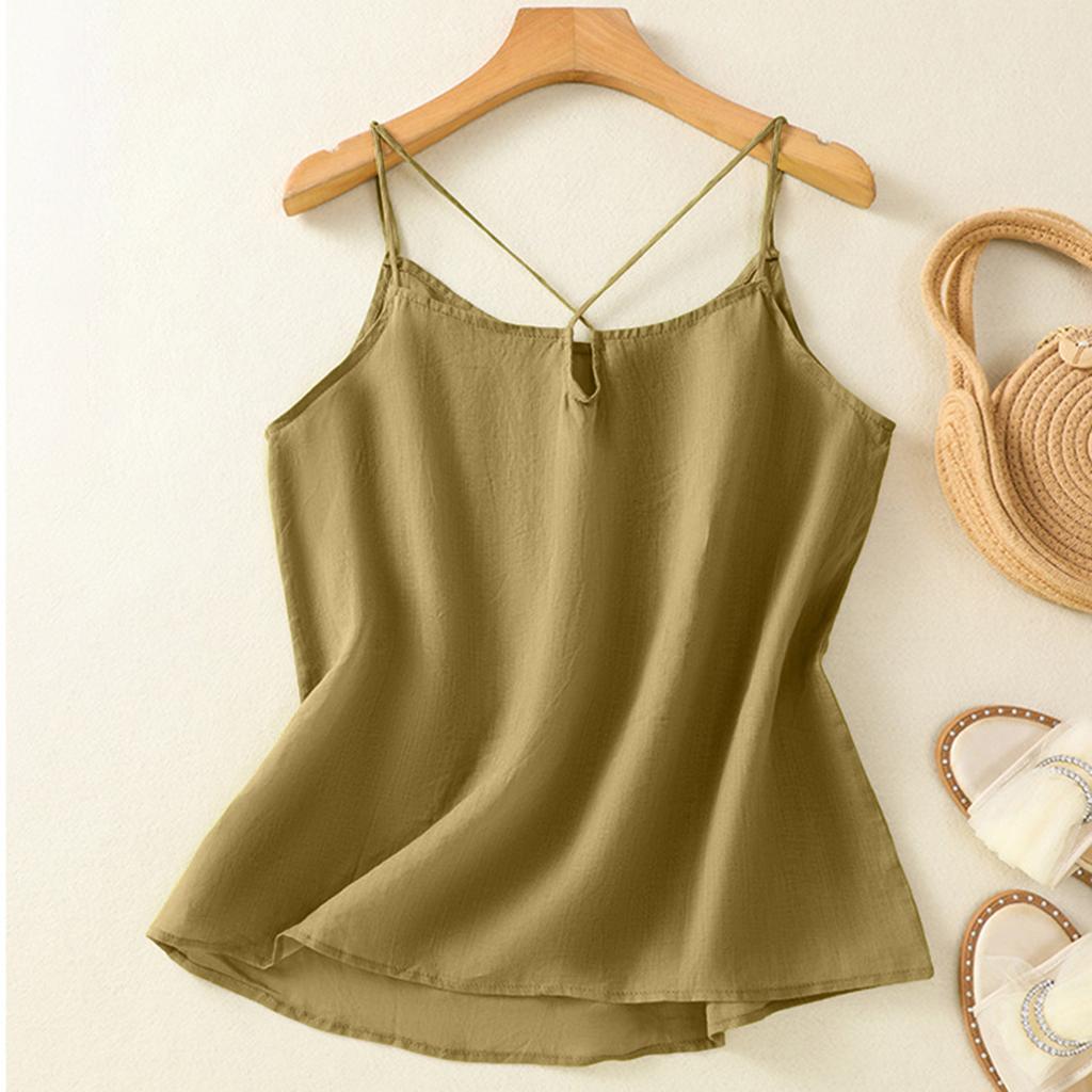 Débardeur Minimaliste Lâche pour Femme en Mélange Coton Lin avec Design Croisé Devant