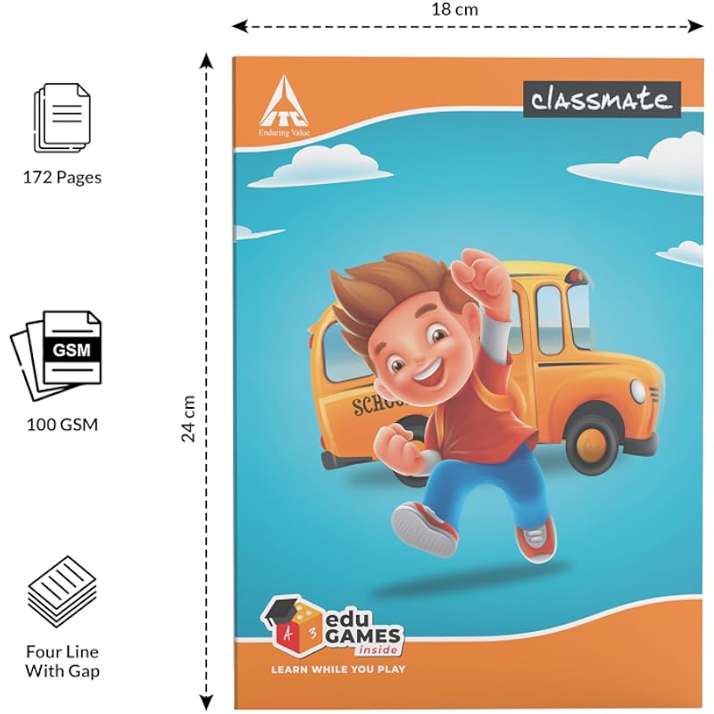Classmate Notebook - Four Lines with Gap, 240mm*180mm, 172 Pages (Pack Of 12)