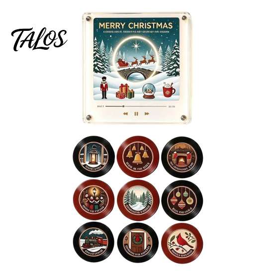 NFC Vinyl Record Player Fridge Magnet for Christmas, with 9 Programmable Records, Set 256MB Memory, LED Light-Up Personalized Magnetic Music Box Mini