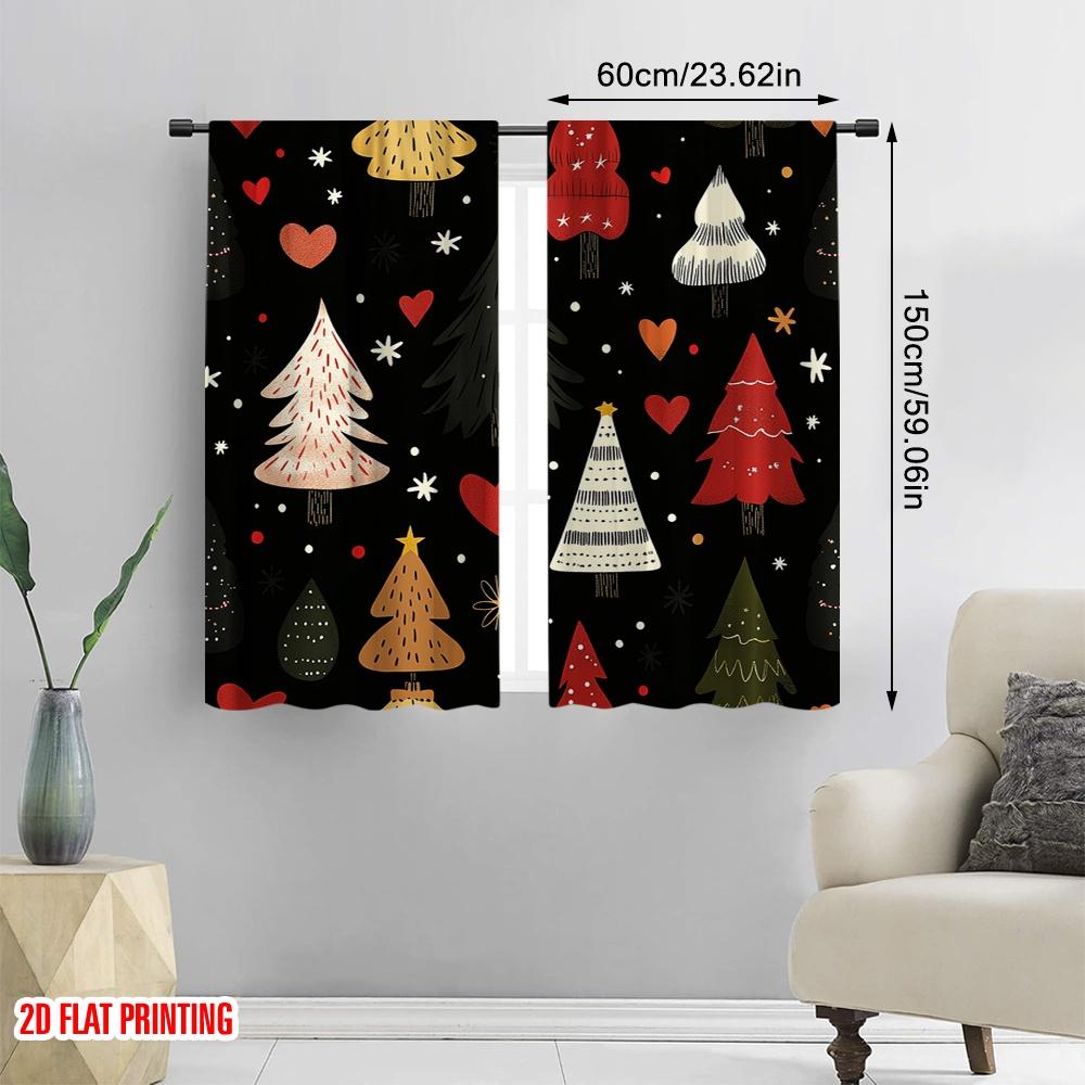 2pcs,2D plane printing Curtain Fabric Christmas Trees Snowflakes Hearts Festive (2) Polyester Fabric (without rod) Holiday Ldeal