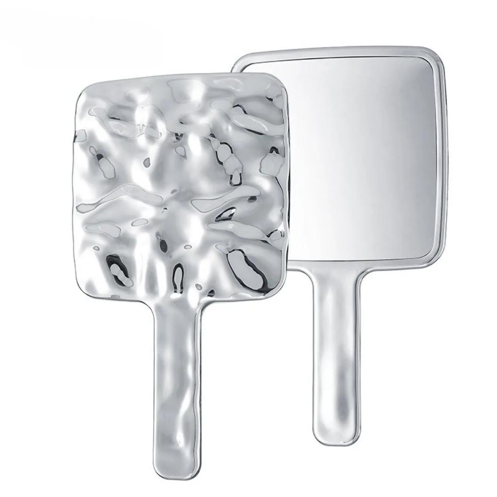 Vintage Handle Square Makeup Mirrors, Liquid Shape Electroplated Texture, Portable Beauty Hand Small Make Up Mirror