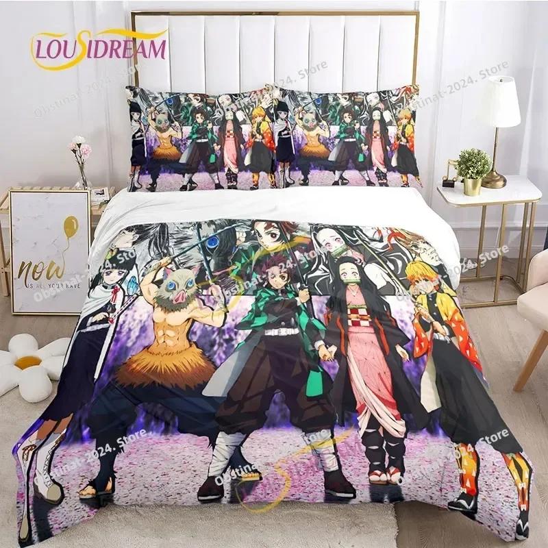 Demon Slayer's Japanese Carton Style Children's Print Beding Set with Soft Fabric Duvet Set Comfortable Bed Size Children's Girl Boy Gift