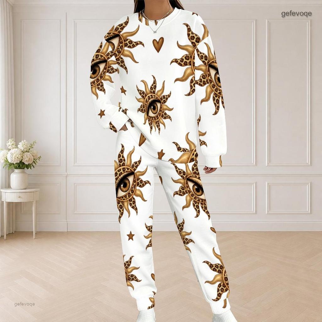 Women Plus Size White Halloween Printed Round Neck Long Sleeve Two Piece Set With Side Pockets