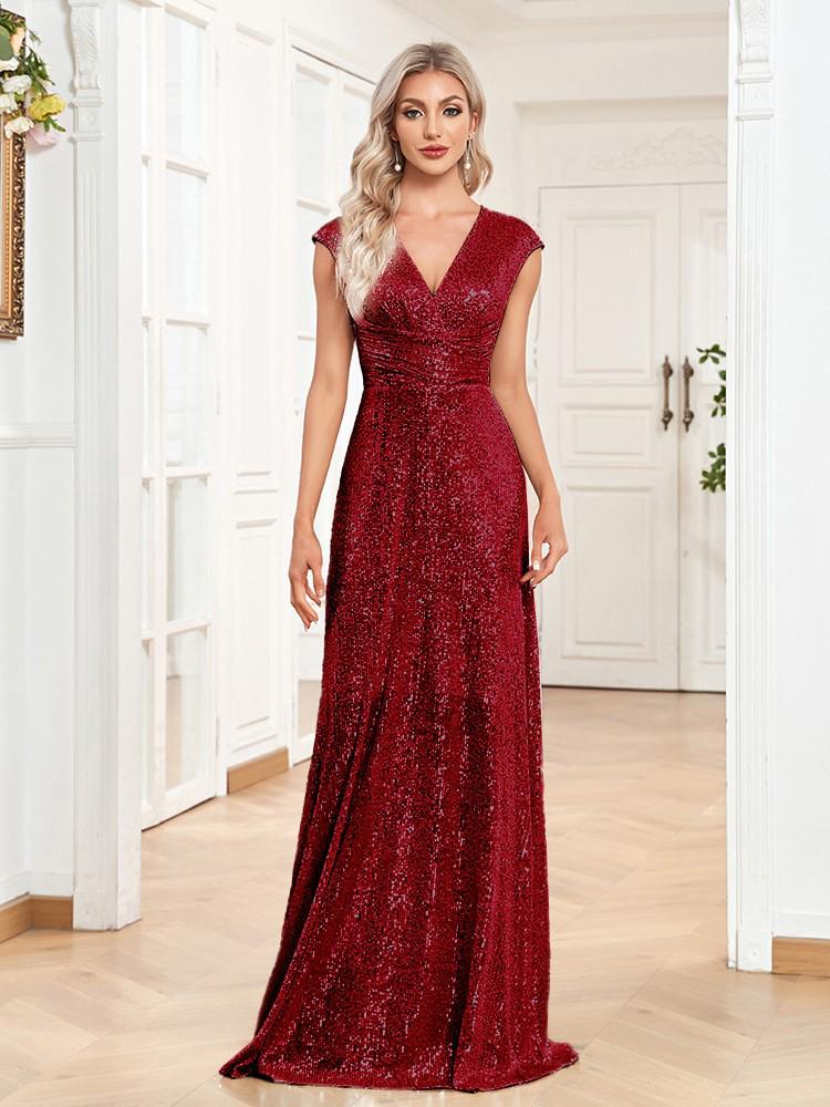 V-Neck Sequin Floor-Length Evening Gown with Slit – Elegant Sleeveless Party Dress