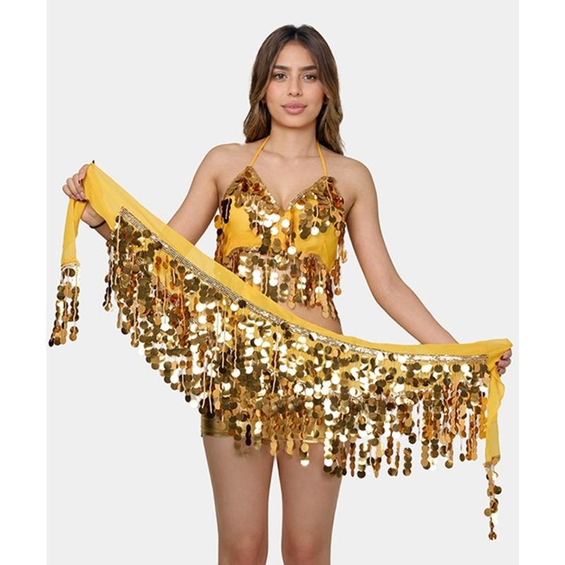 Shimmering Dance Performances Outfit With Detachable Sequins Fringe Accessories For Belly Dancers