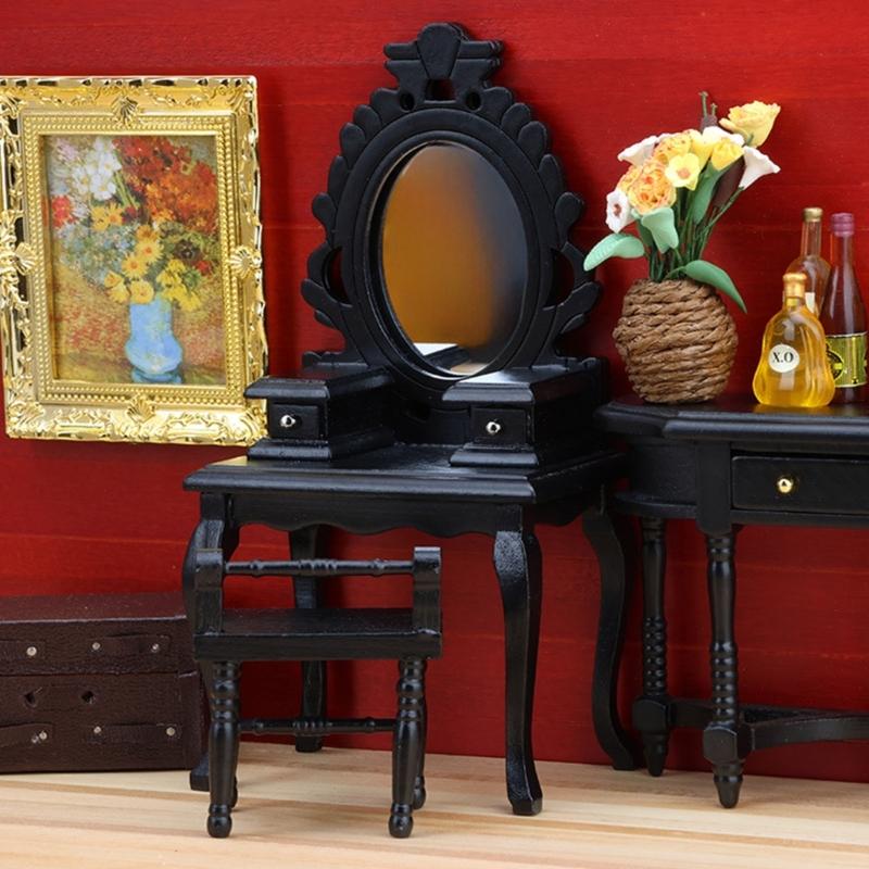 1/12 Scale Traditional Wooden Mini Furniture Set Dresser Stool With Fine Workmanship For Small Room Display