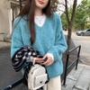 Women's Lake Blue V-Neck Autumn/Winter Korean Style Loose Knit Sweater - Cozy, Versatile, Age-Reducing