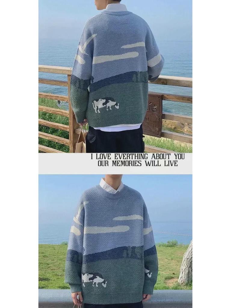 Herren Strickpullover im japanischen Stil mit Kuhmuster - Trendiger Rundhals-Pullover