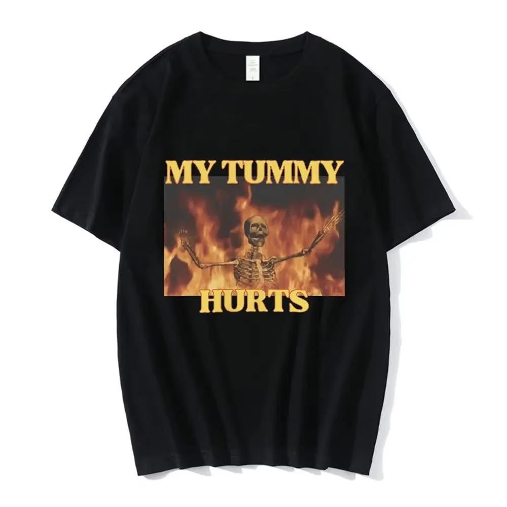 Y2k Hip Pop Tops My Tummy Hurts Funny Hard Skeleton Meme T-shirt Fashion Vintage T-shirts Cotton Cozy Casual T Shirts Unisex