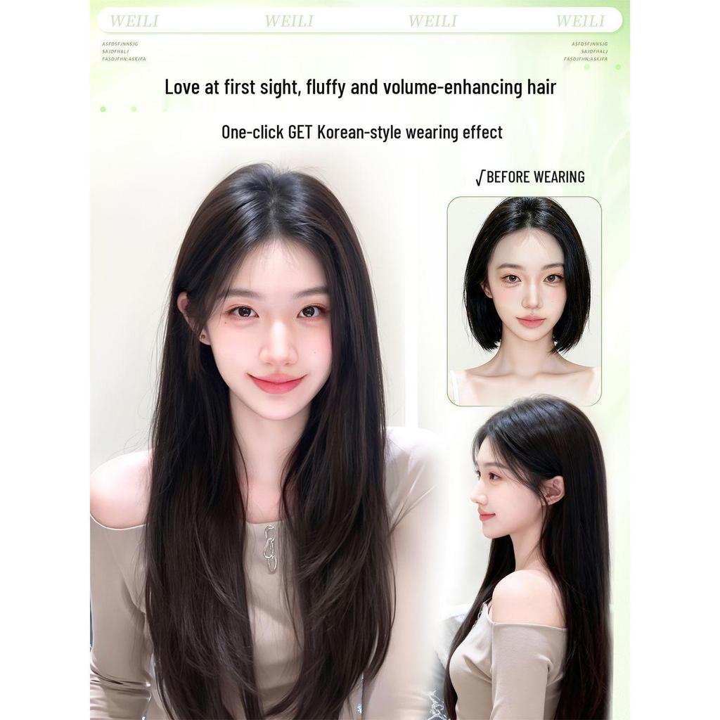 Damski czarny długi prosty dopinany włos: Zwiększa objętość włosów, kryje siwe włosy i zapewnia pełne pokrycie głowy.