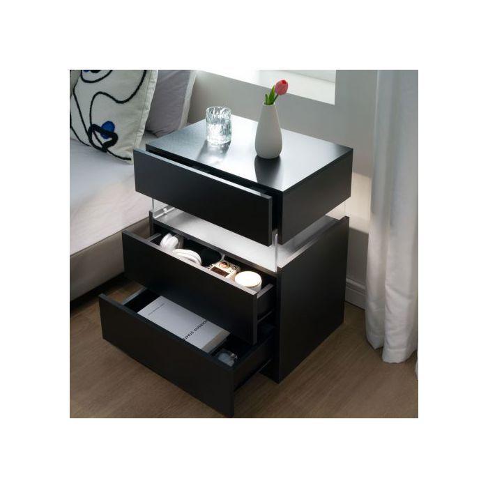 Table De Nuit LED - MUVOE - Noir - 3 Tiroirs - Panneau Acrylique - Éclairage Multicolore