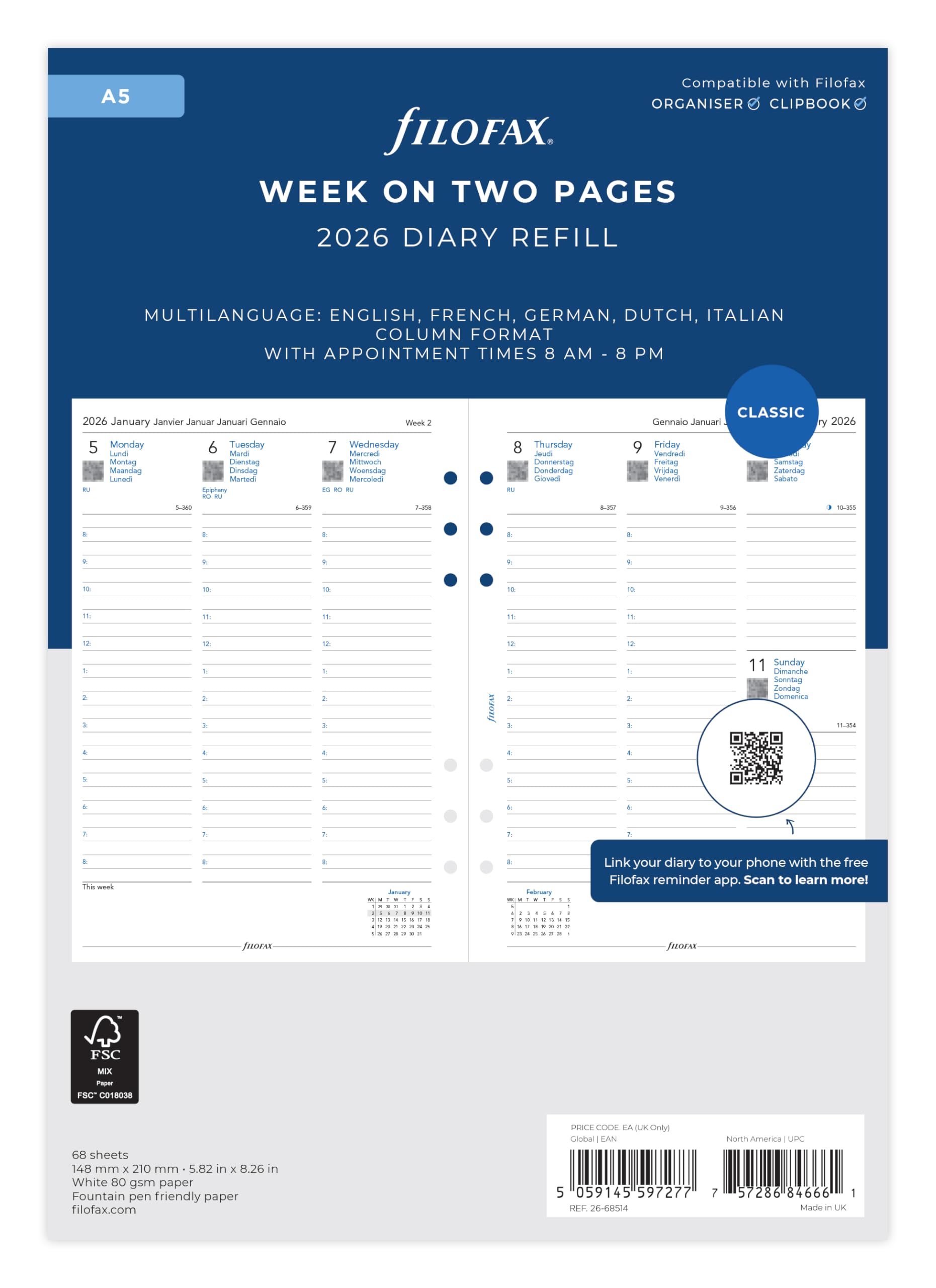 

Filofax 2026 Наполнитель для системного планера, A5 Недельный, Белый, Начало с января, 2026, 26-68514, Официально импортирован