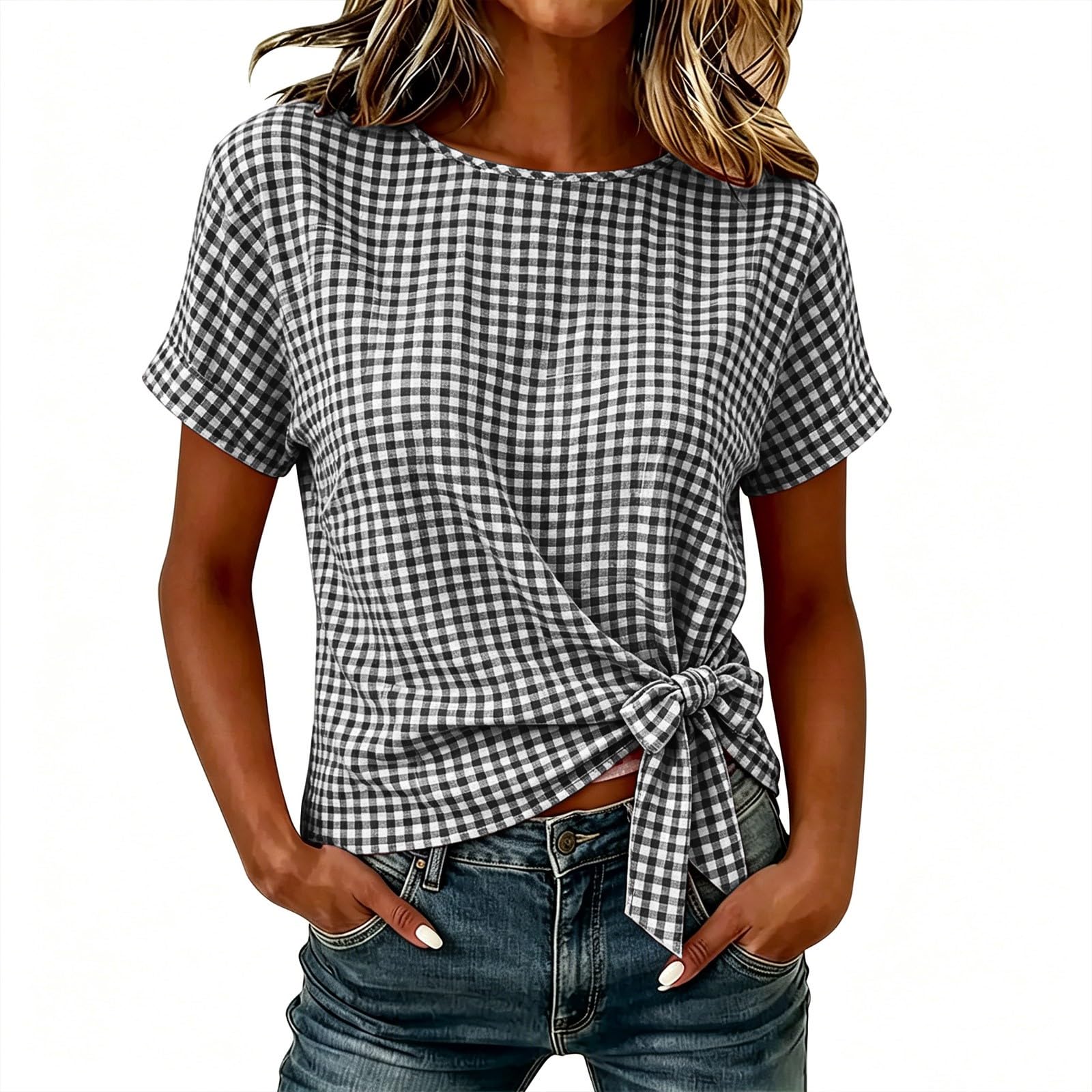 Women s Casual Short Sleeve Blouse Tie Front Ruffle Hem Checkered Plaid Shirt Lightweight Summer Top L