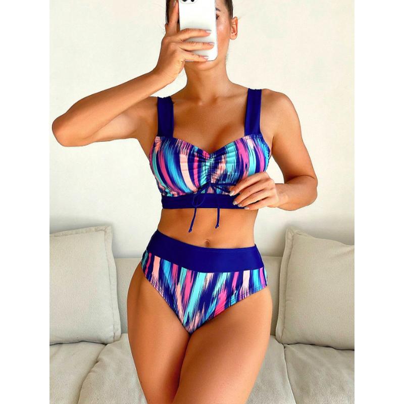 

Бикини с высокой талией, женский купальник, купальный костюм с принтом, элегантная пляжная одежда, женский купальный костюм из двух предметов, бикини M синий