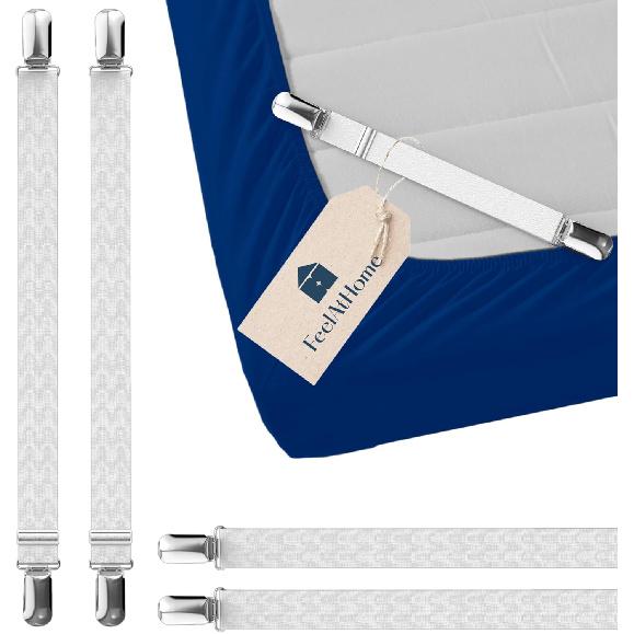 4 PCS Bed Sheet Straps – Adjustable Corner Clips to Keep Fitted Sheets in Place – Mattress Sheet Holders and Suspenders – Fits Twin, Queen, and