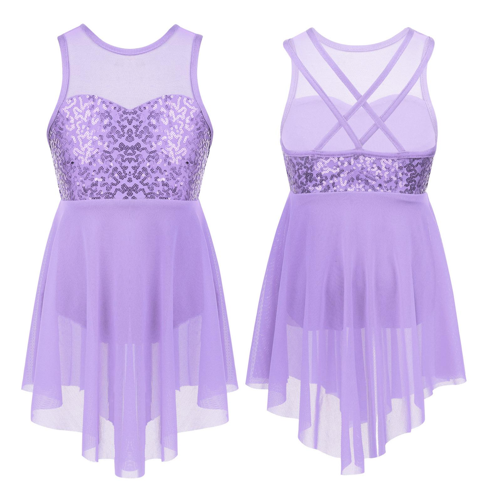Lyrical Dance Kostüm Ballsaal Kleid Mädchen Ärmellose Pailletten Mesh Trikot Ballett Kleider 5-6 Years lavendel