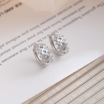 French Style S999 Pure Silver Fashion Popular Rhombus Hollow Ear Clip Personality Sense Elegant Wild Earrings