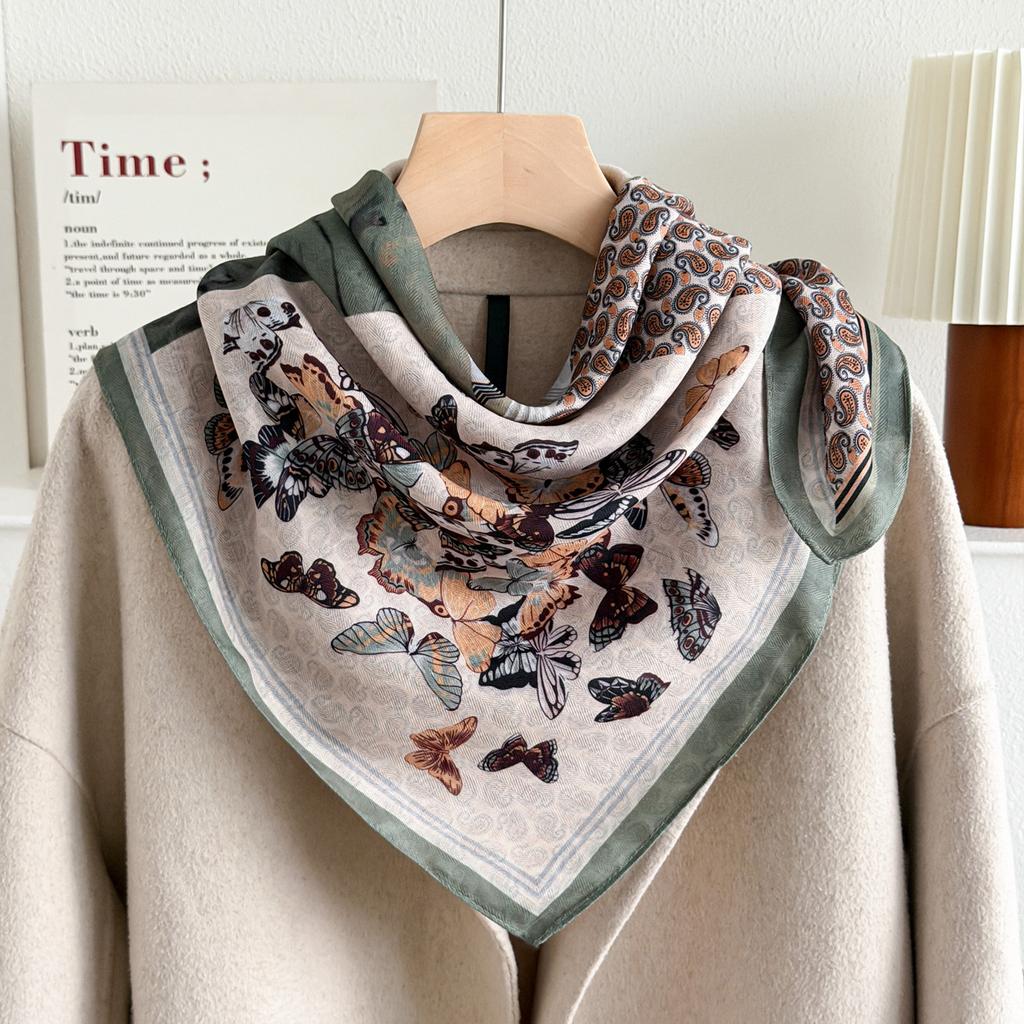Green National Style Butterfly Cotton and Linen Small Square Scarf Scarf Silk Scarf Women's New Cashew Nut Flower Versatile Neck Protection High-end