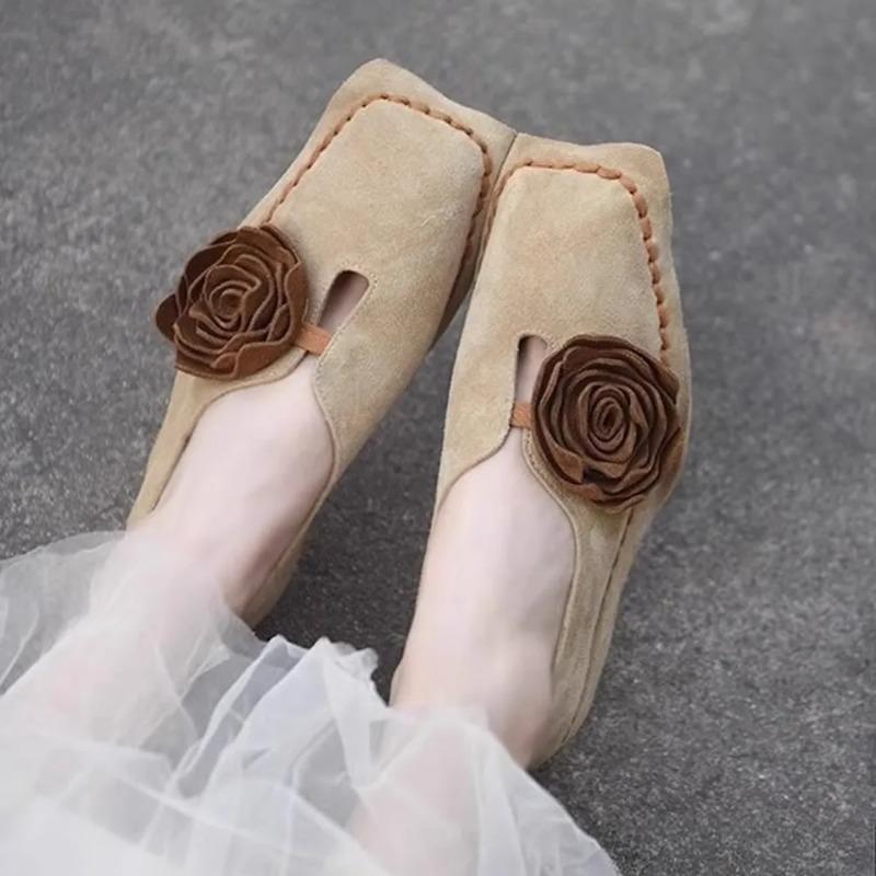 Car Stitch Flat Shoes Women's Spring Autumn Retro Niche Flower Square Toe Deep Mouth Soft Sole Single Shoes