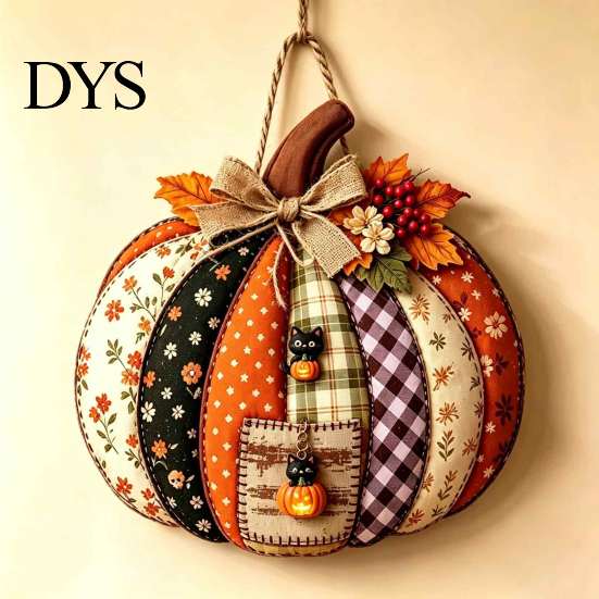 Cartello Appeso in Legno di Halloween Zucca Patchwork Appendiporta, Decorazione Casa Raccolta Autunnale con Foglie d'Acero Bacche, Parete Frontale Rustica Stagionale