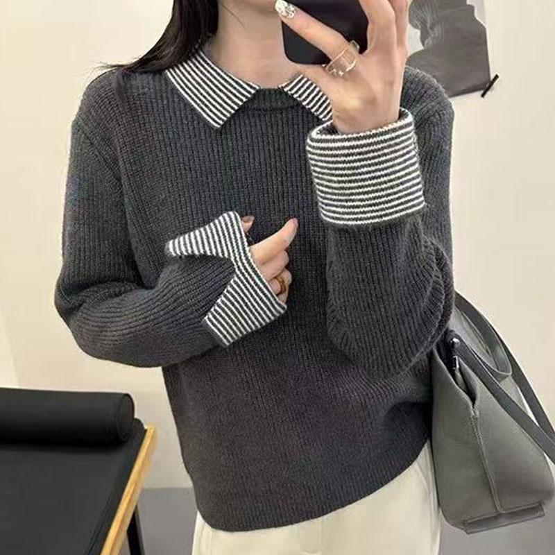 Women's Stylish Color-Block Wool Sweater with Dropped Shoulders, Double-Ribbed Collar, Perfect for Autumn and Winter Versatile Commute Wear.