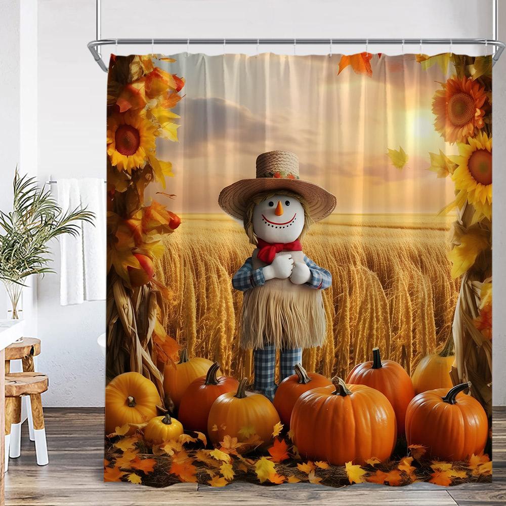 Autumn Pumpkin Shower Curtain Harvest Season Maple Leaf Scarecrow Flower Wooden Plank Barn Farmhouse Bath Decoration With Hook