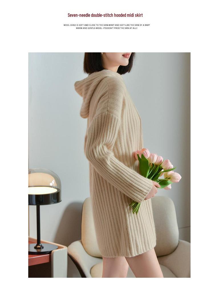 Women's Hooded Mid-Length Wool Sweater Dress, Loose-Fitting Knitted Outerwear, Solid Color, Long-Sleeved