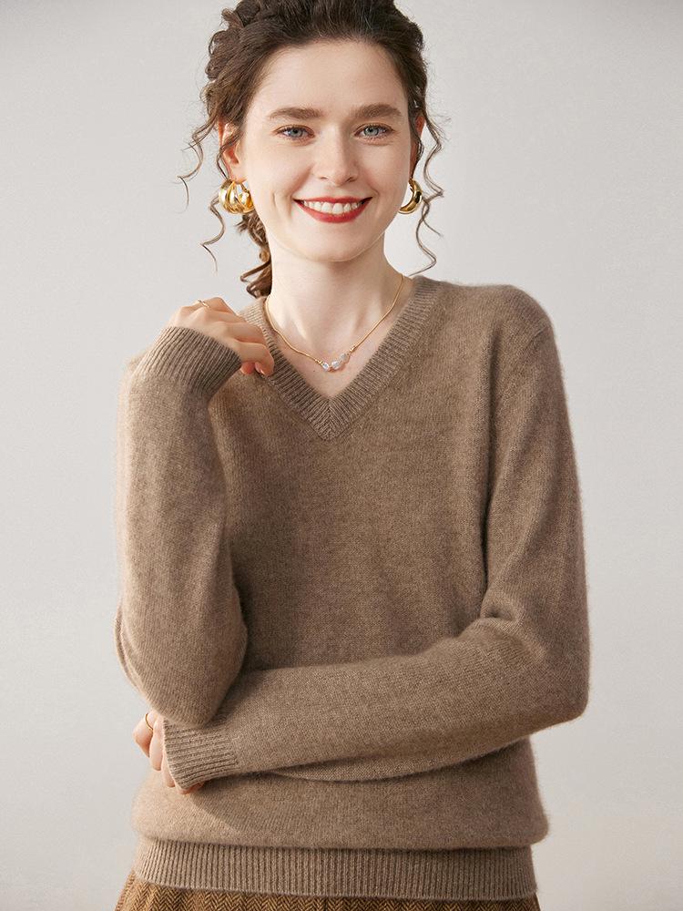 Damen Kaschmir V-Ausschnitt Pullover - Verdickte Herbst/Winter Strickware, Langarm, Überschnittene Schulter, Sieben-Stich Pullover Basisschicht.