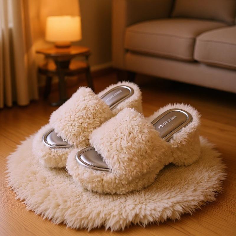 

Sheep curly wool slippers women s outer wear 2025 new autumn and winter feeling thick bottom heightening small slope heel one-word drag 39 зелёный