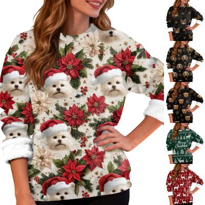 Women's Fashion Casual Long Sleeve Christmas Printed Round Neck Top Sweatshirt