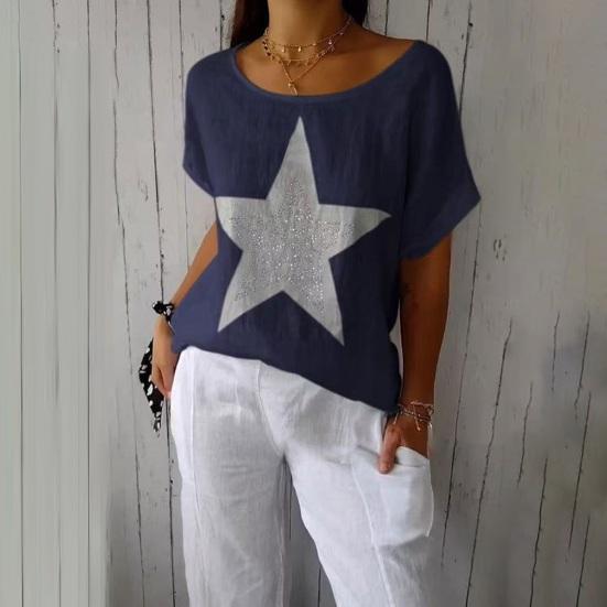 Dam Sommartoppar Kortärmad Rundhals T-shirt Hot Drill Stjärntryck Lös Passform Casual T-shirt Daglig Användning
