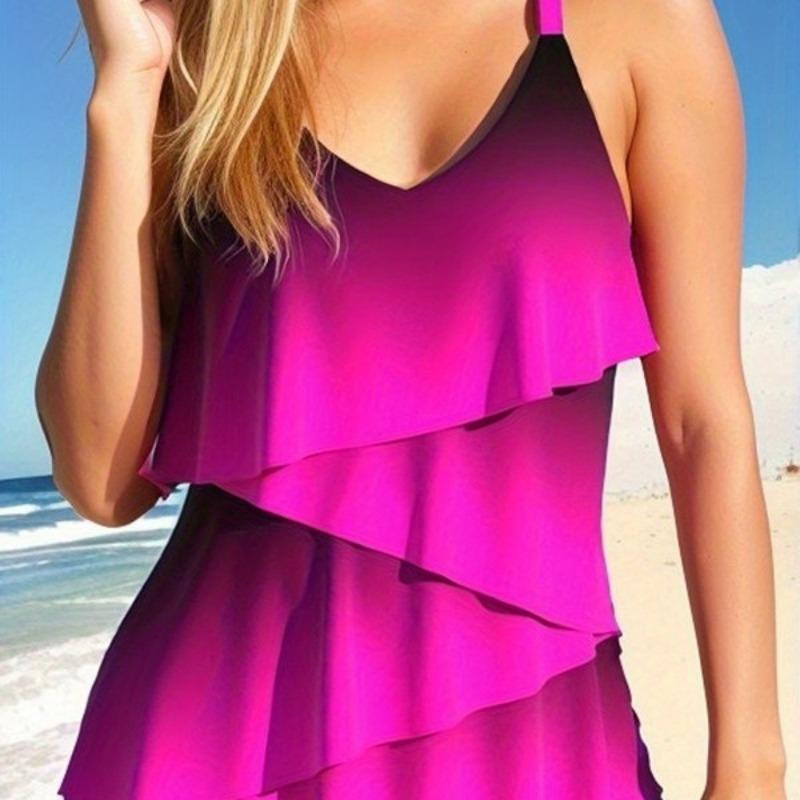 

Women s Magenta Layered Ruffle Tankini Top V-Neck Sleeveless Swim Top with Built-in Bottoms S рожевий