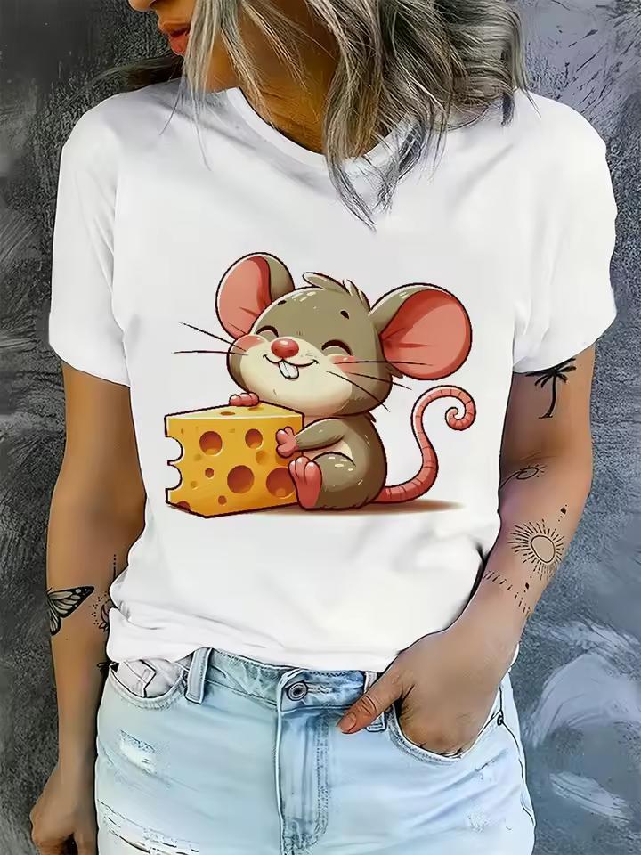 2025 New Women's Casual Short Sleeve T-Shirt Cute Cartoon Mouse and Cheese Print Round Neck Summer Comfortable Casual Wear Y2K