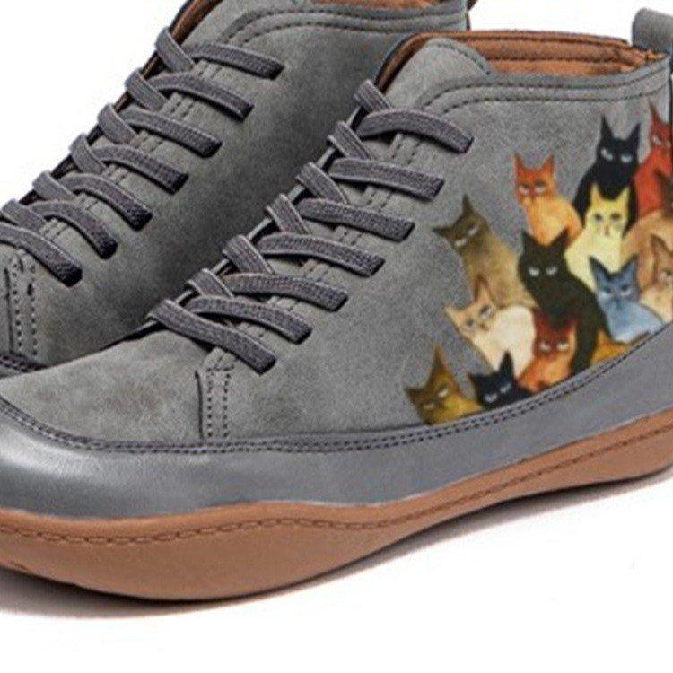 22 Британские ПУ средние ботинки большого размера с принтом кошки Европейские и американские круглый носок 35