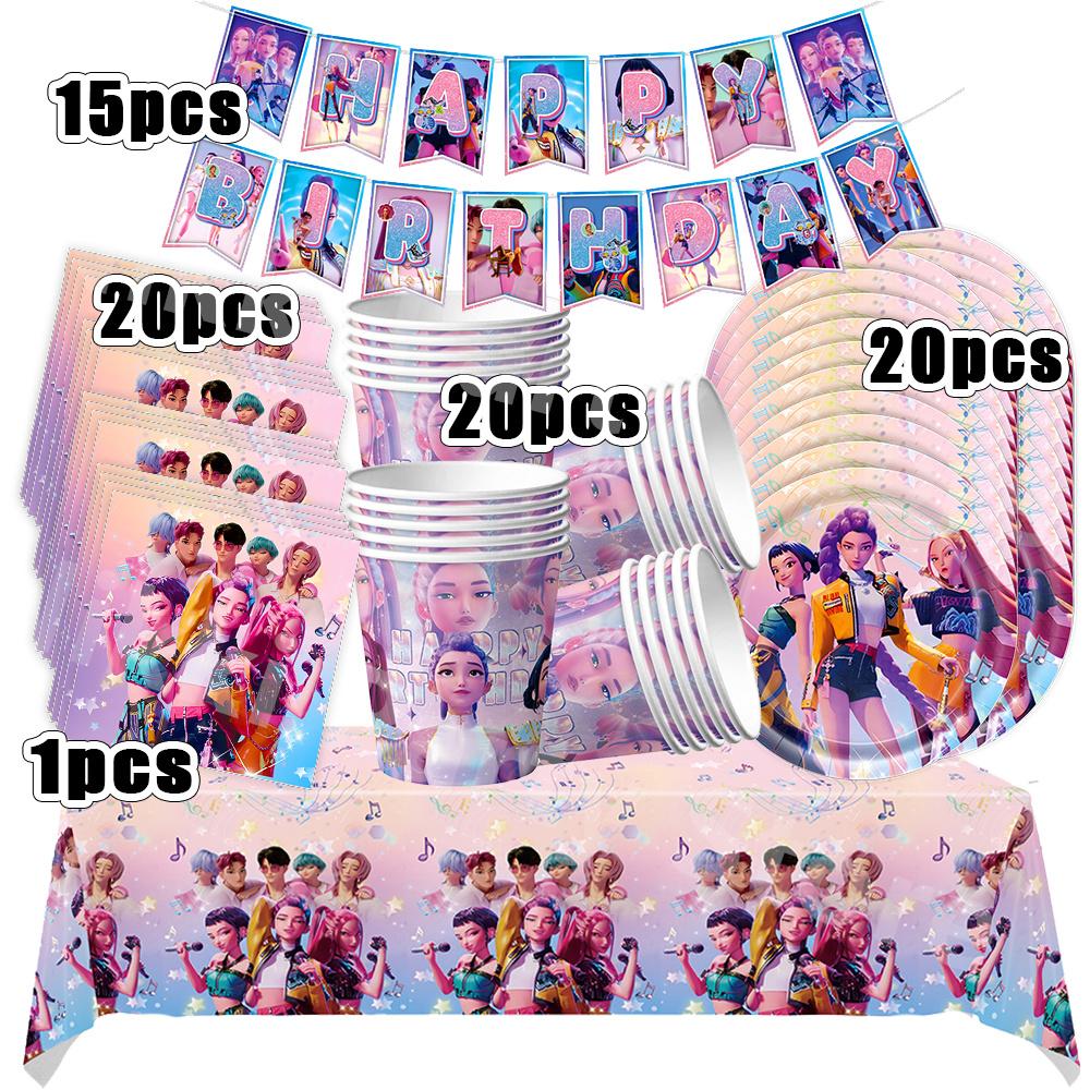 Kpop Demon Hunters Birthday Decorations Singer Party Favors Balloon Disposable Tableware Tablecloth Plates Cups Baby Shower Toys