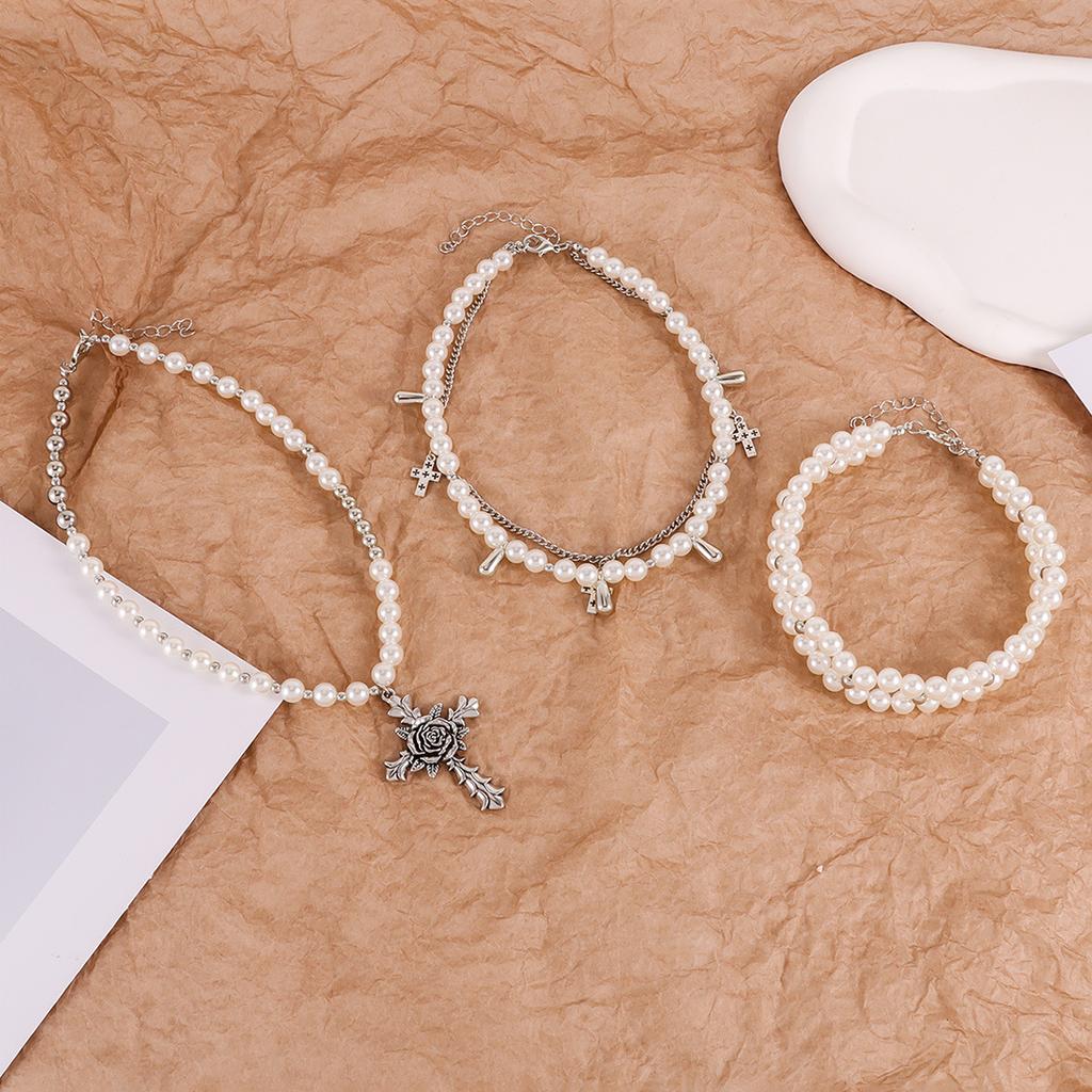 Y2K Accessories Simulation Pearl Cross Choker Necklace for Women Korean Punk Goth Jewelry Accessories
