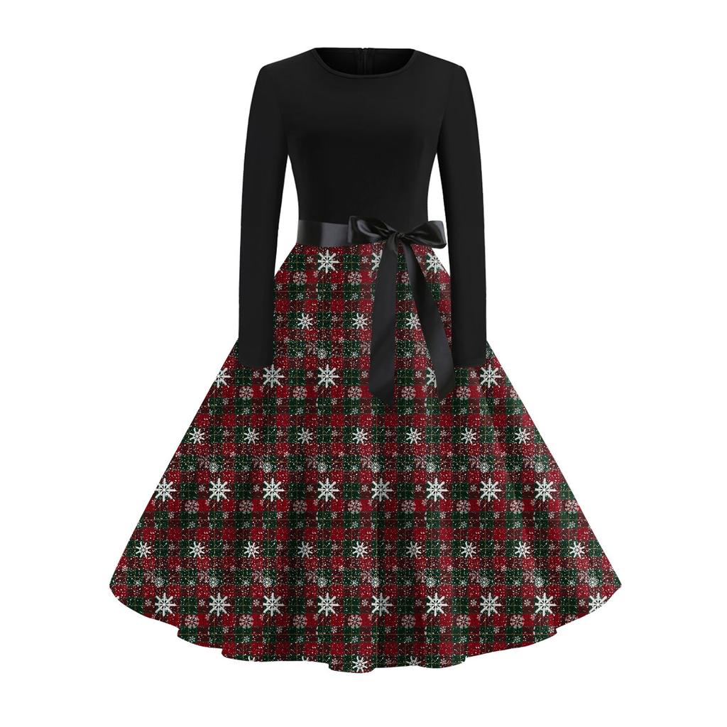 Women's Vintage Dress Long Sleeve Christmas Print Round Neck Swing Dress