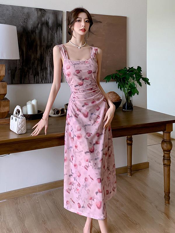 Spring Summer Floral Mesh Spaghetti Strap Maxi Dress for Women